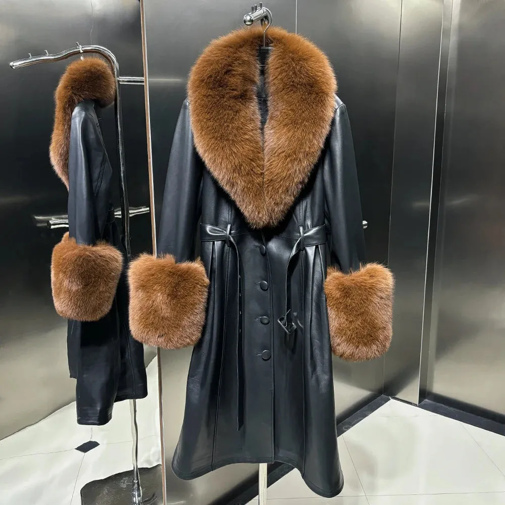 100% Real Leather Oversized Fur Belted Coat