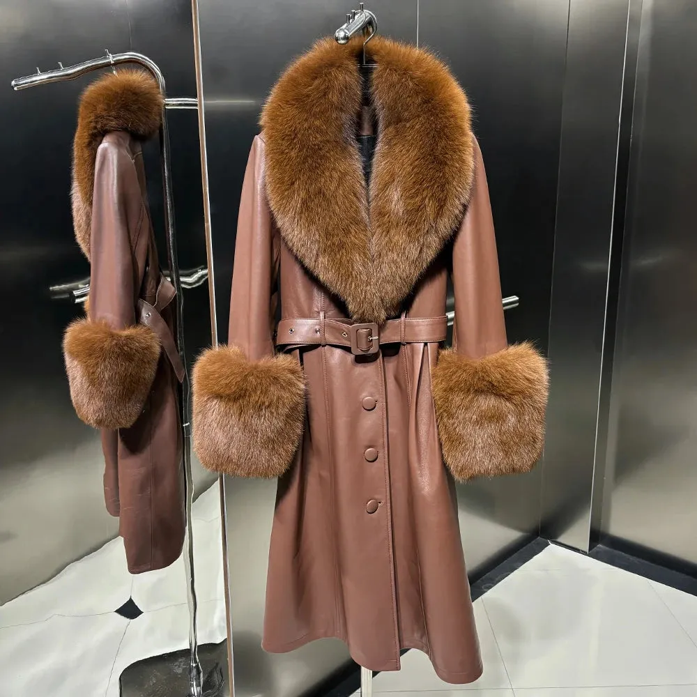 100% Real Leather Oversized Fur Belted Coat