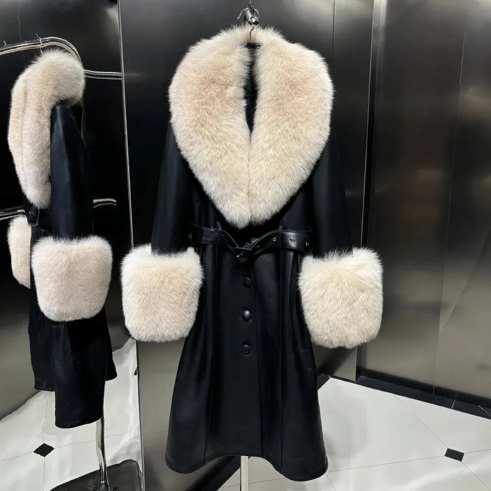 100% Real Leather Oversized Fur Belted Coat