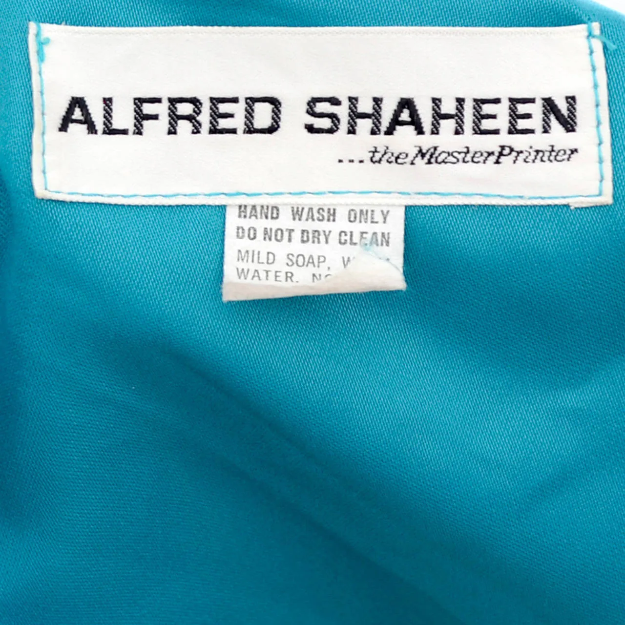 1970s Alfred Shaheen Turquoise Batik Dress and Pants Ensemble