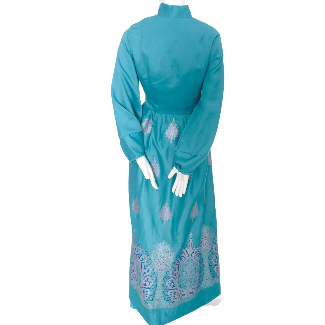 1970s Alfred Shaheen Turquoise Batik Dress and Pants Ensemble