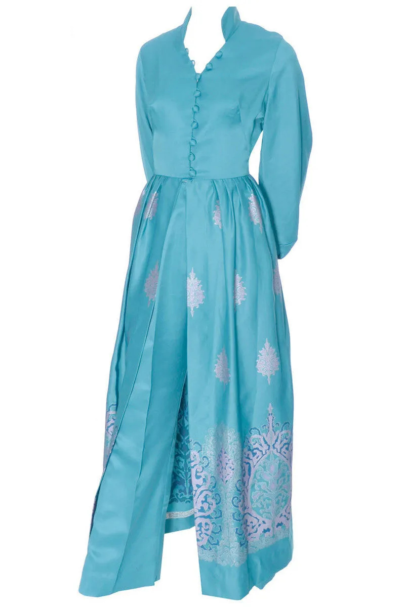 1970s Alfred Shaheen Turquoise Batik Dress and Pants Ensemble