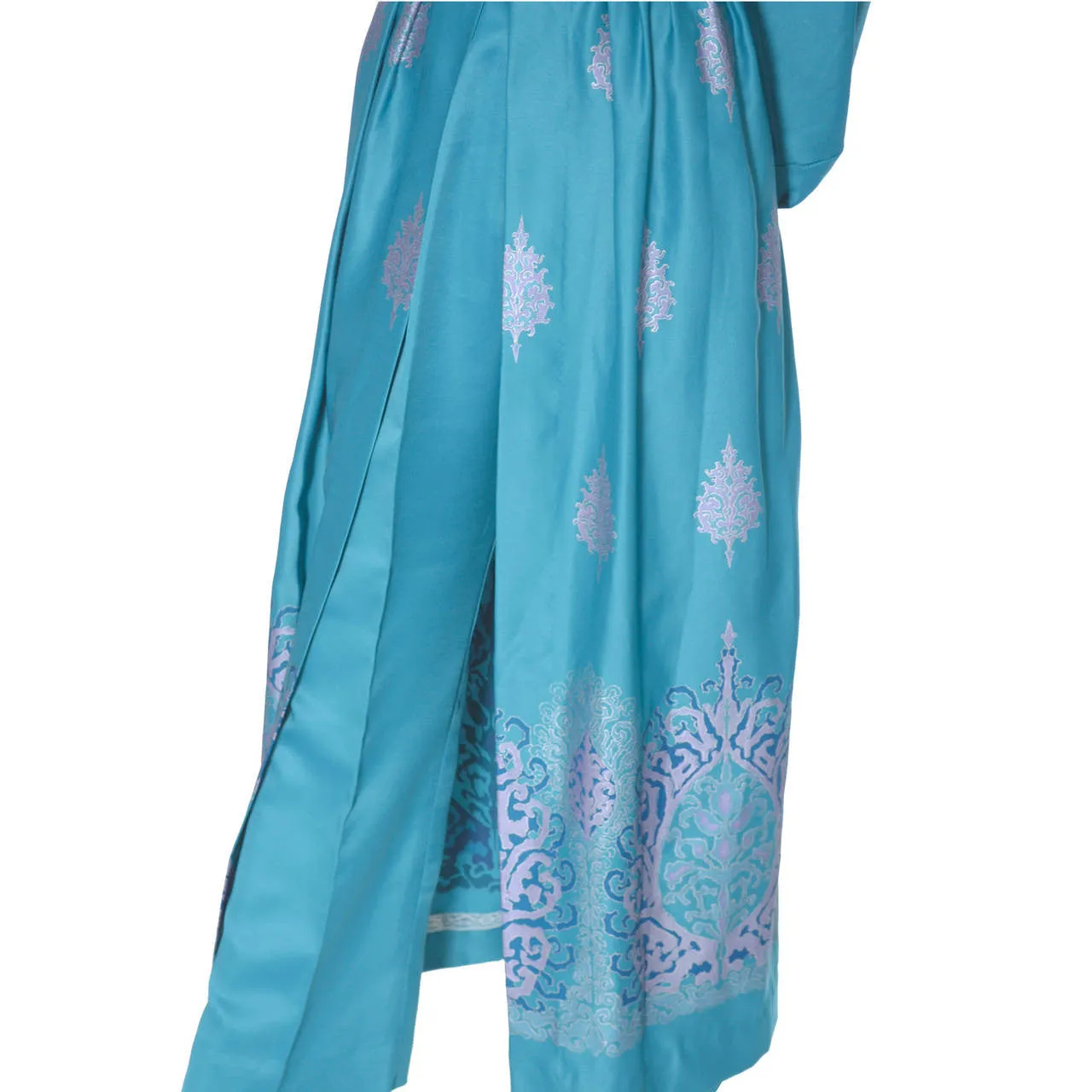 1970s Alfred Shaheen Turquoise Batik Dress and Pants Ensemble