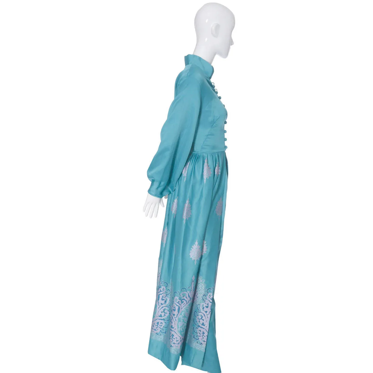 1970s Alfred Shaheen Turquoise Batik Dress and Pants Ensemble