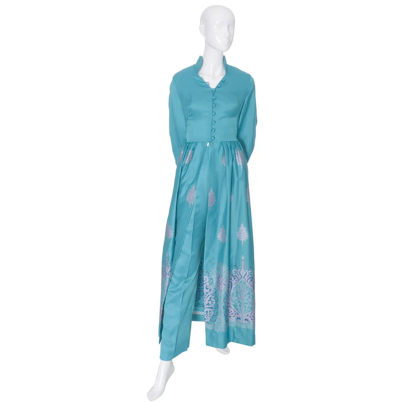 1970s Alfred Shaheen Turquoise Batik Dress and Pants Ensemble