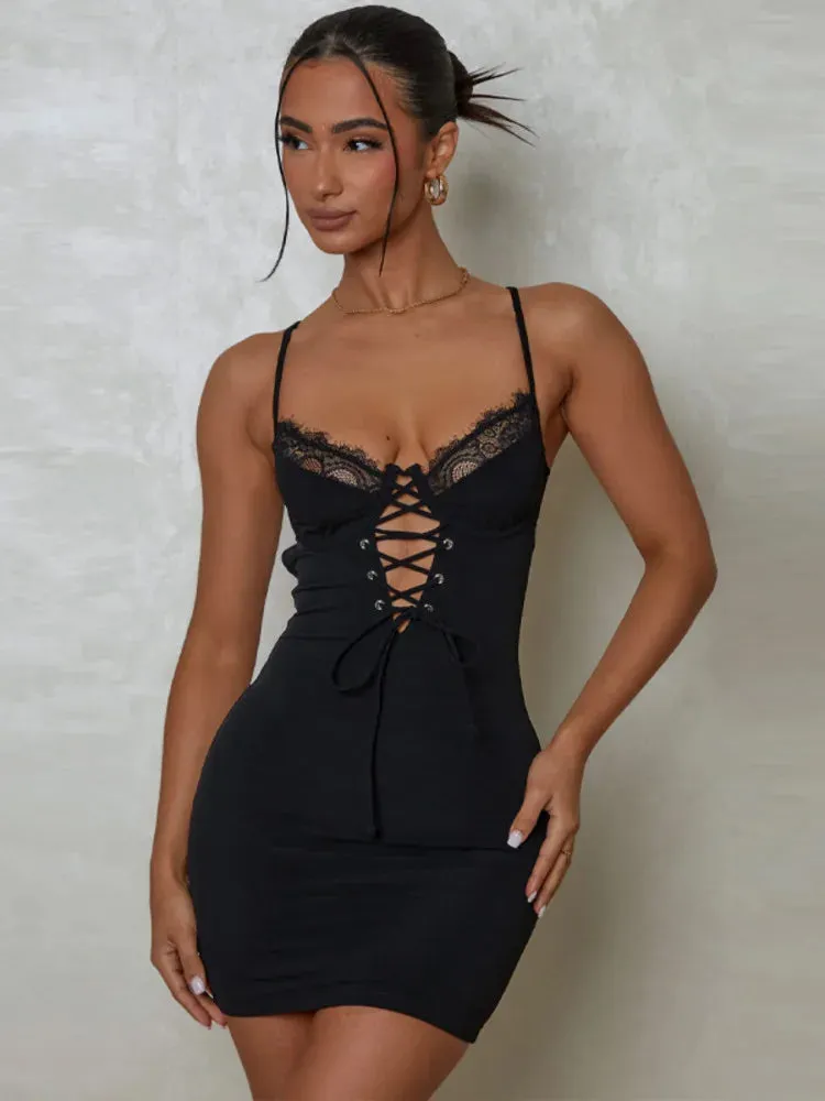 2024 Black Lace Spaghetti Strap Backless Mini Dress Cut Out Dresses