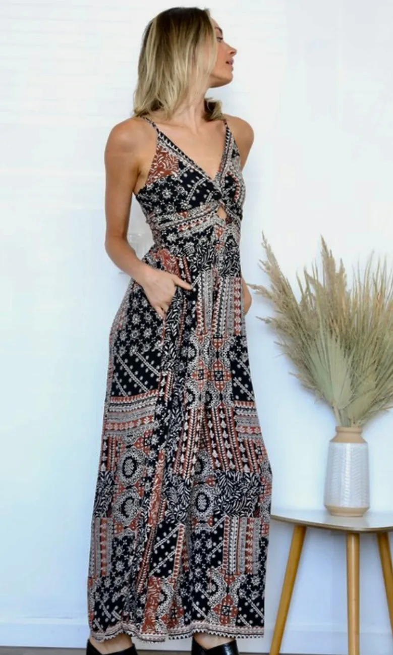 Acara Black Patchwork Print Side Pocket Maxi Jumpsuit Romper