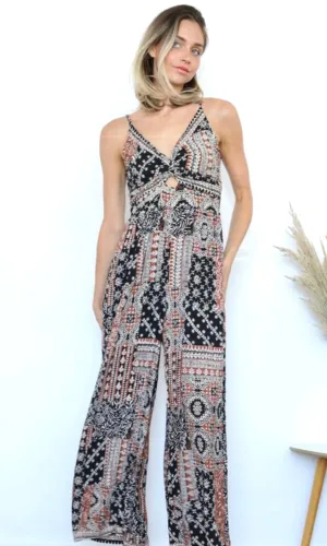 Acara Black Patchwork Print Side Pocket Maxi Jumpsuit Romper