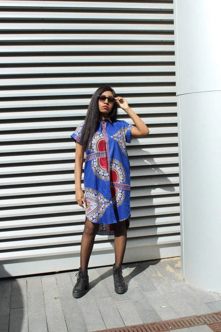 African Shirt Dress in Blue Dashiki Print - Festival Dress