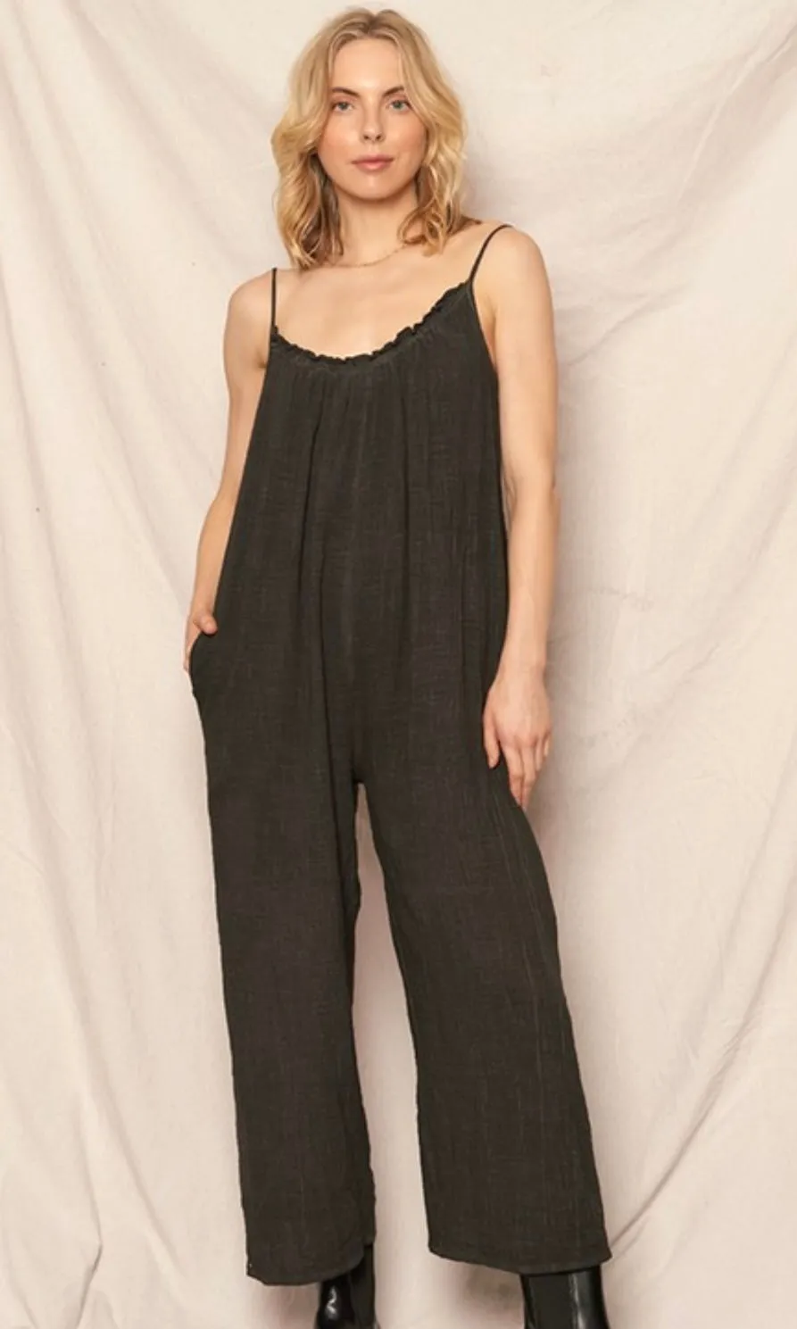 Asney Charcoal Cotton Side Pocket Romper Jumpsuit