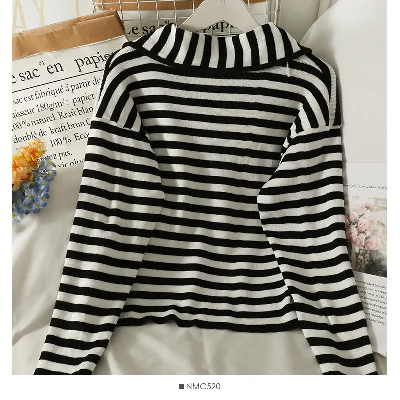 Autumn winter zipper doll neck stripe slim knit  2080