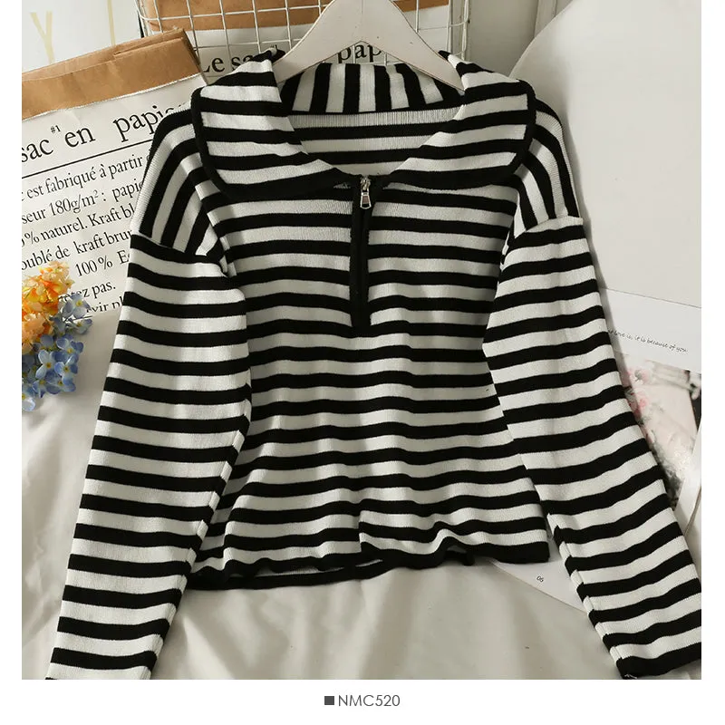 Autumn winter zipper doll neck stripe slim knit  2080