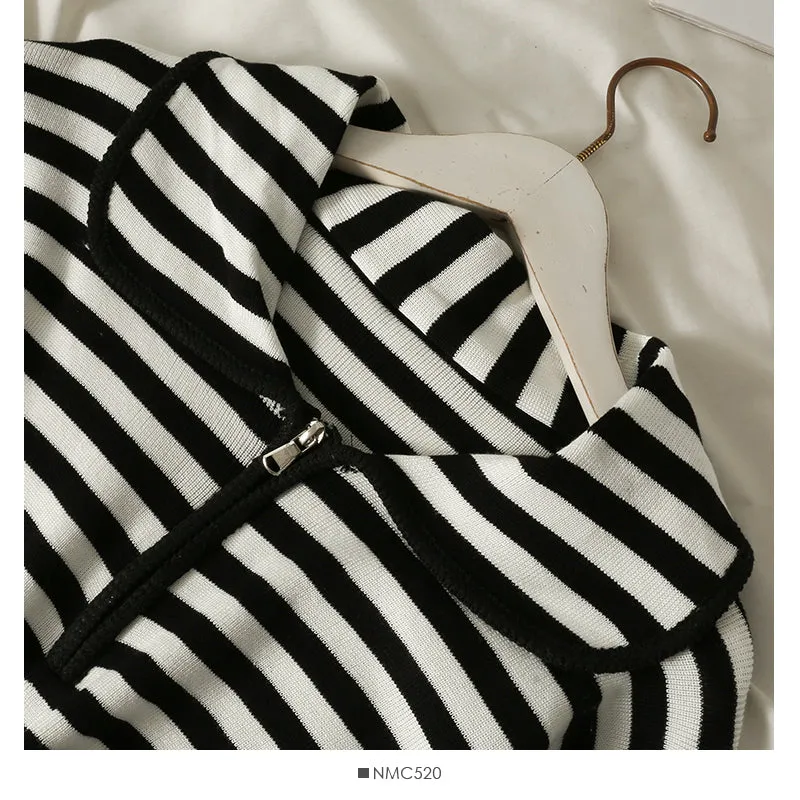 Autumn winter zipper doll neck stripe slim knit  2080