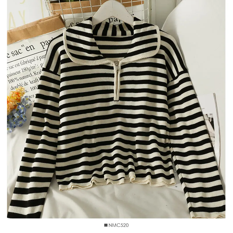 Autumn winter zipper doll neck stripe slim knit  2080