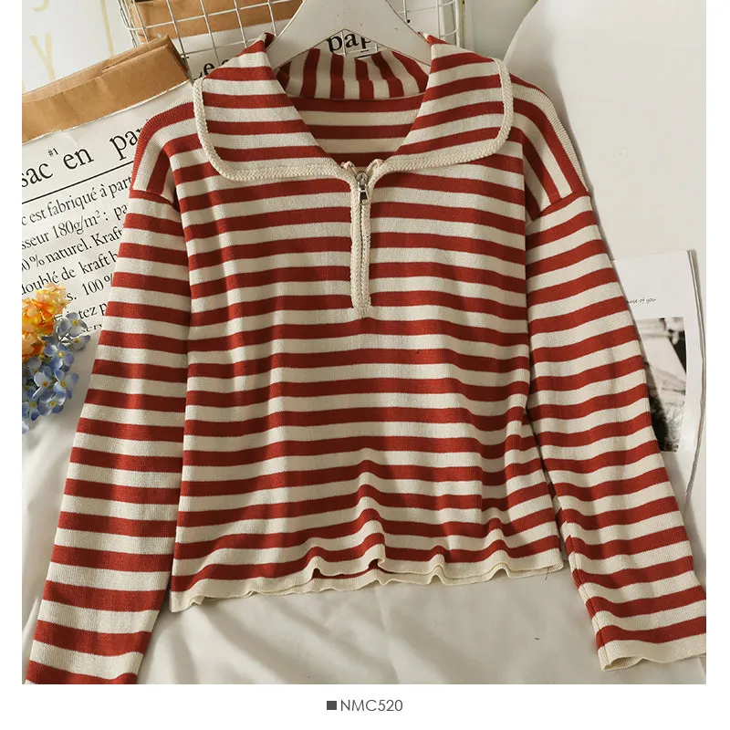 Autumn winter zipper doll neck stripe slim knit  2080