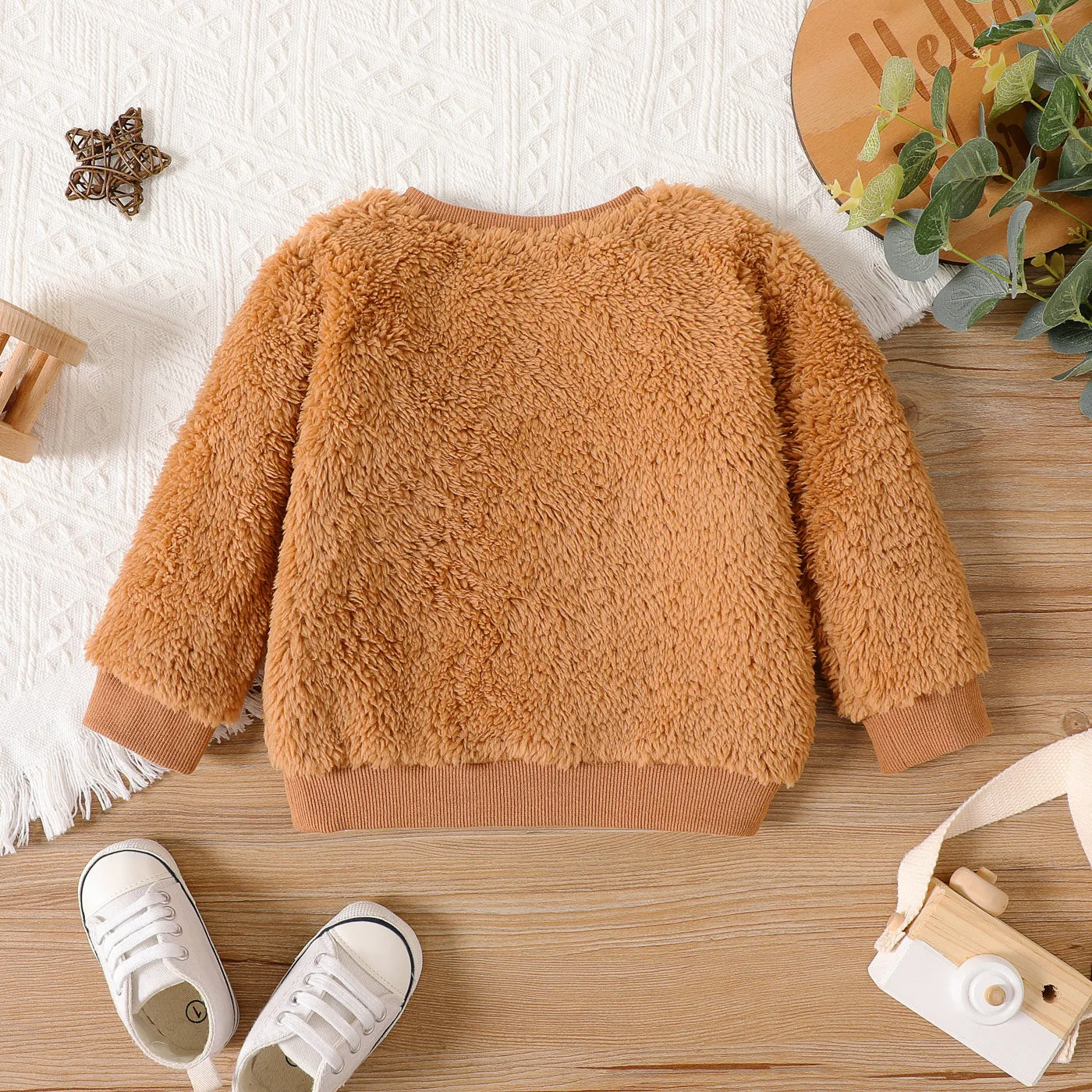 Baby Girl Cotton Long-sleeve Solid Fluffy Fleece Pullover