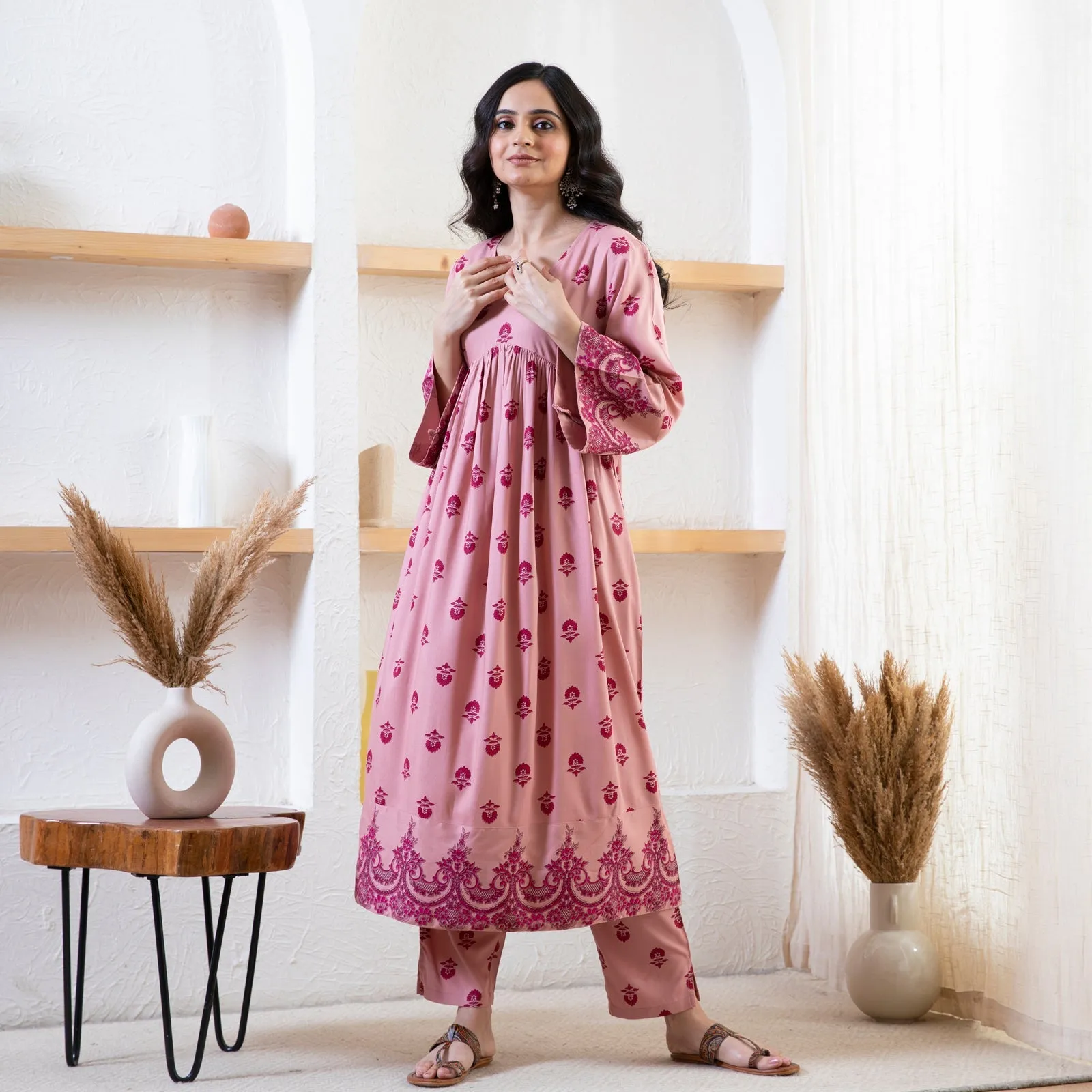 Baby Pink Myra V-Neck Kurta & Pant Set