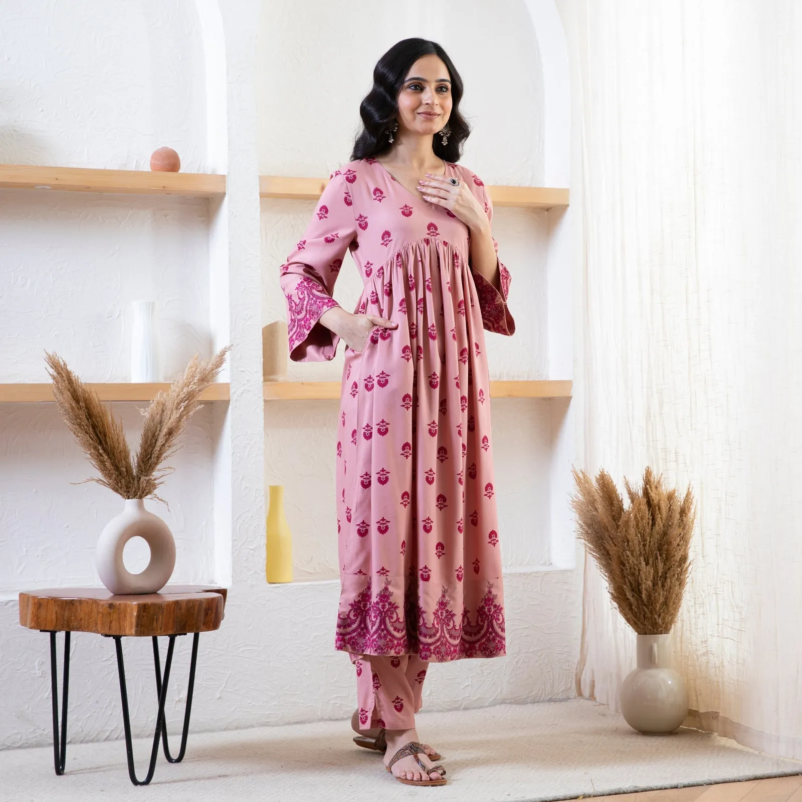 Baby Pink Myra V-Neck Kurta & Pant Set