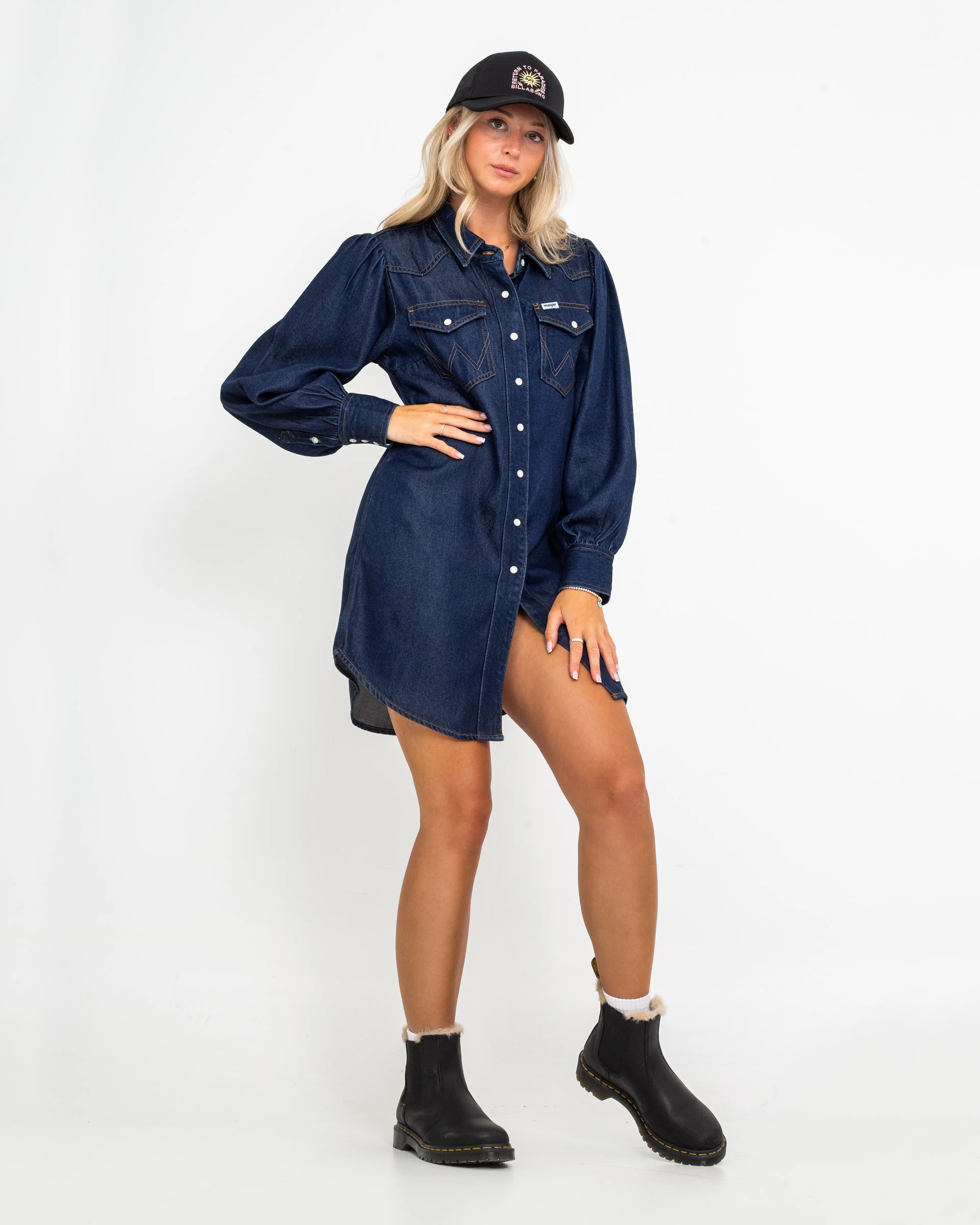 Balloon Sleeve Shirt Dress in Rinse