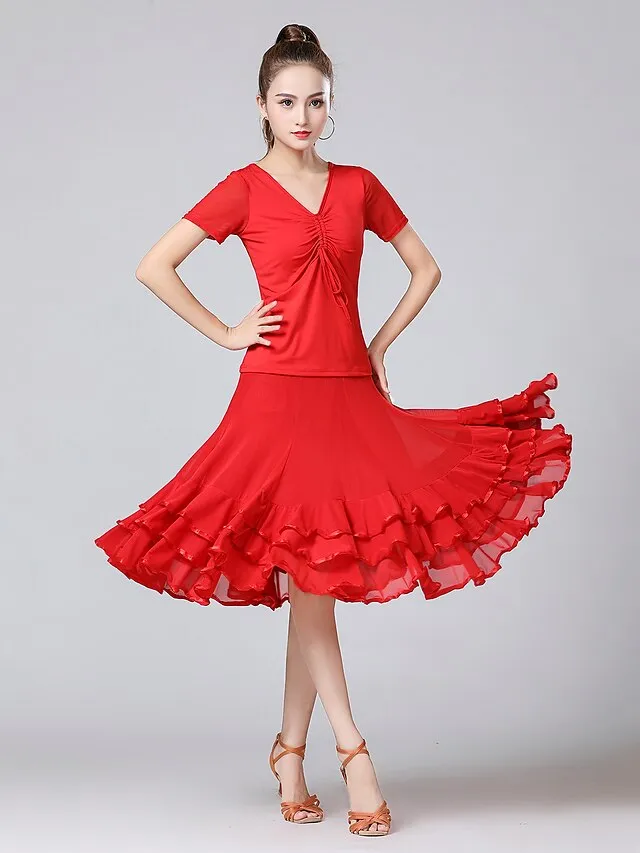 Ballroom Waltz Modern Dancing Latin Dance Skirts Pleats Cascading Ruffles Wave-like Women's Training Performance Natural Mesh Milk Fiber