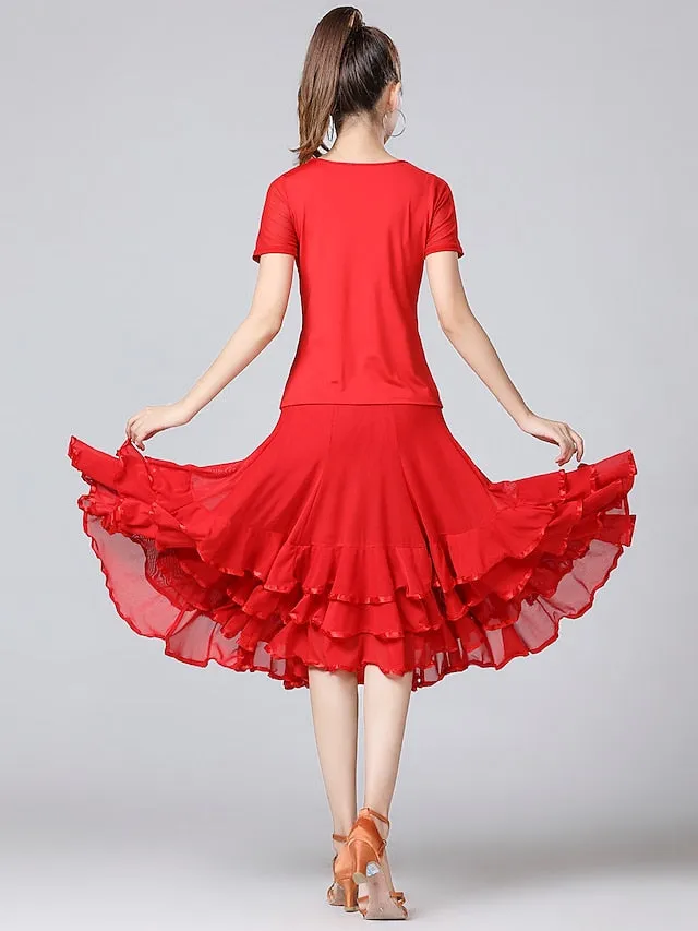 Ballroom Waltz Modern Dancing Latin Dance Skirts Pleats Cascading Ruffles Wave-like Women's Training Performance Natural Mesh Milk Fiber