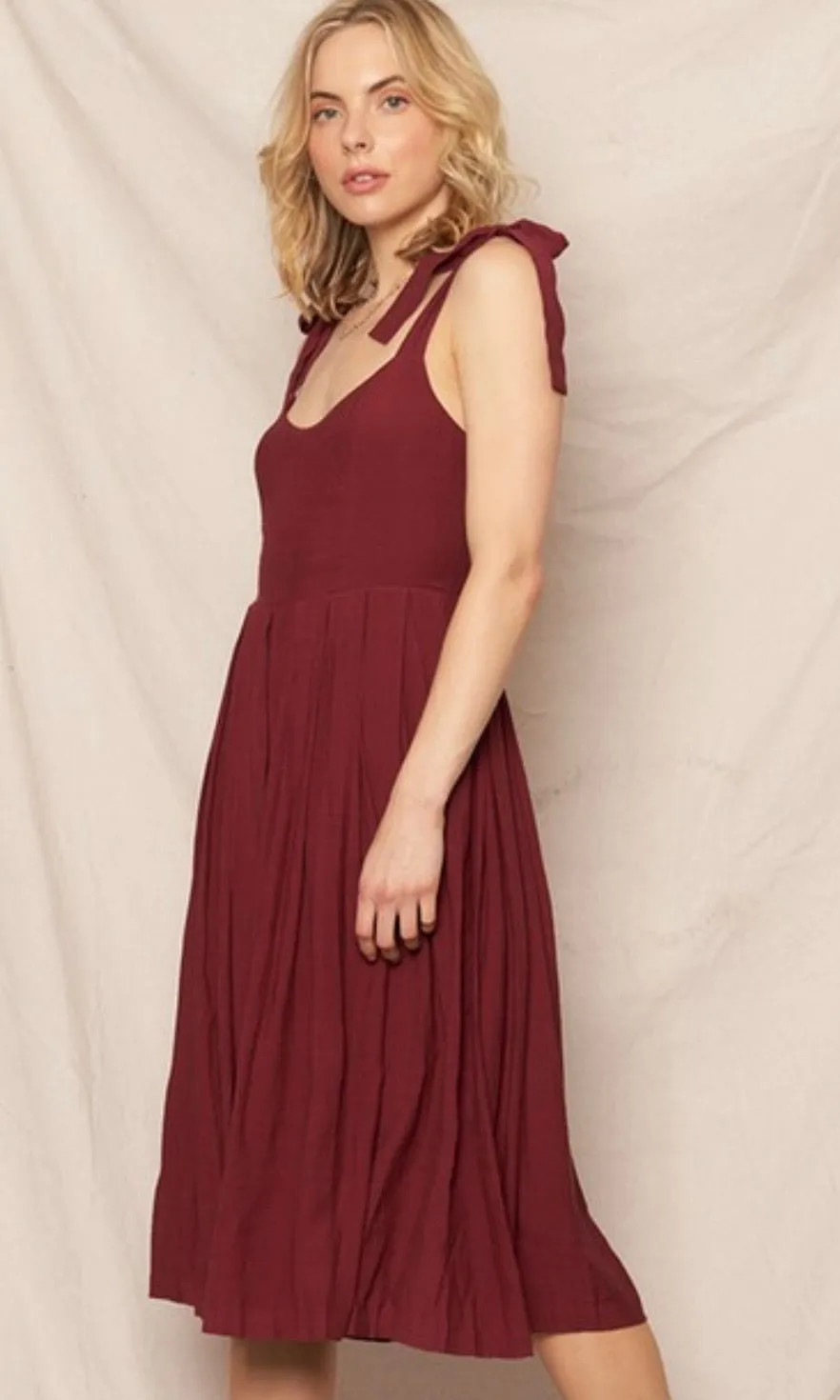 Beckham Burgundy Shoulder Tie Pleated Wide Leg Jumpsuit