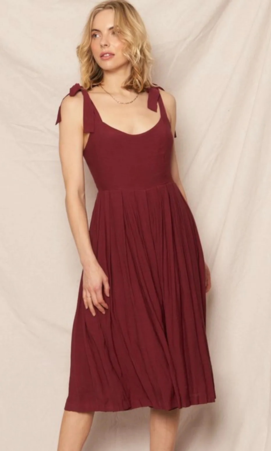 Beckham Burgundy Shoulder Tie Pleated Wide Leg Jumpsuit