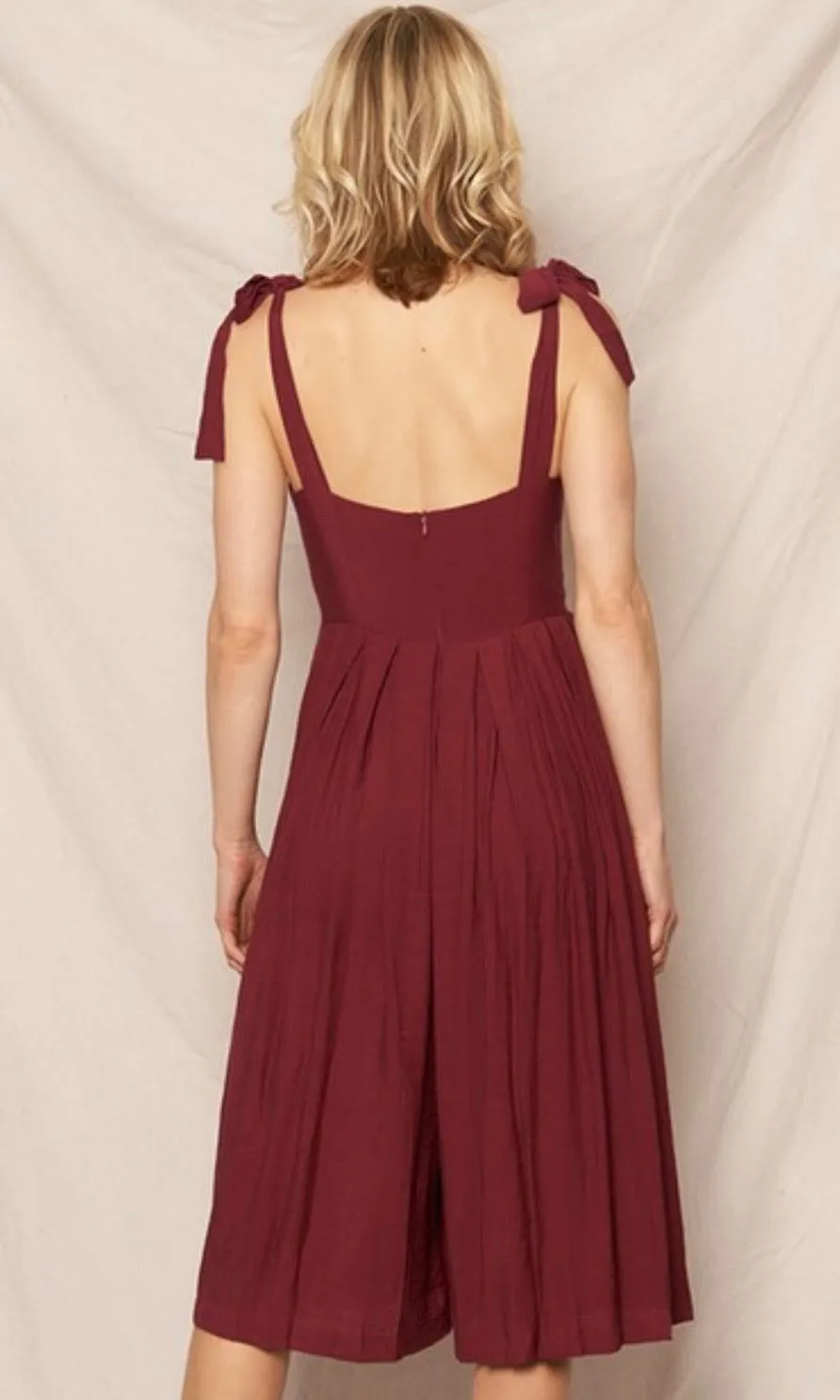 Beckham Burgundy Shoulder Tie Pleated Wide Leg Jumpsuit