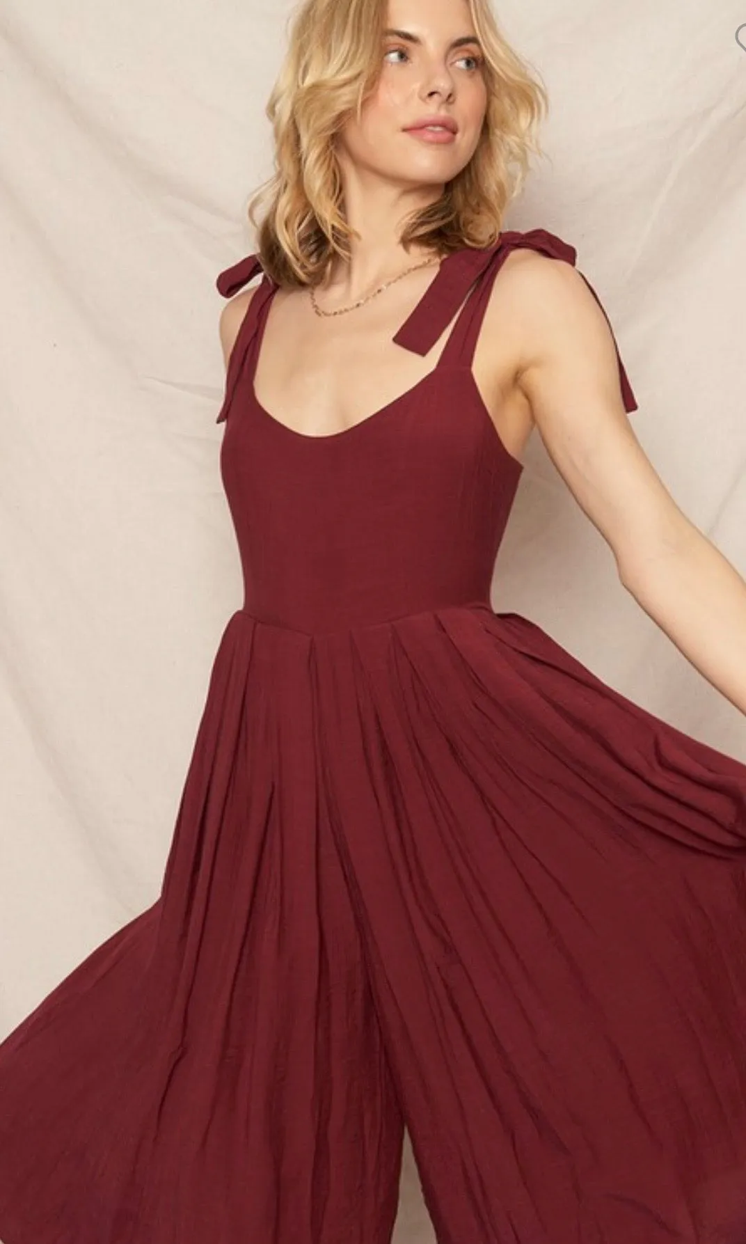 Beckham Burgundy Shoulder Tie Pleated Wide Leg Jumpsuit