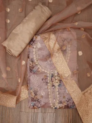 Beige Embellished Floral Printed Organza Dress Material with Dupatta