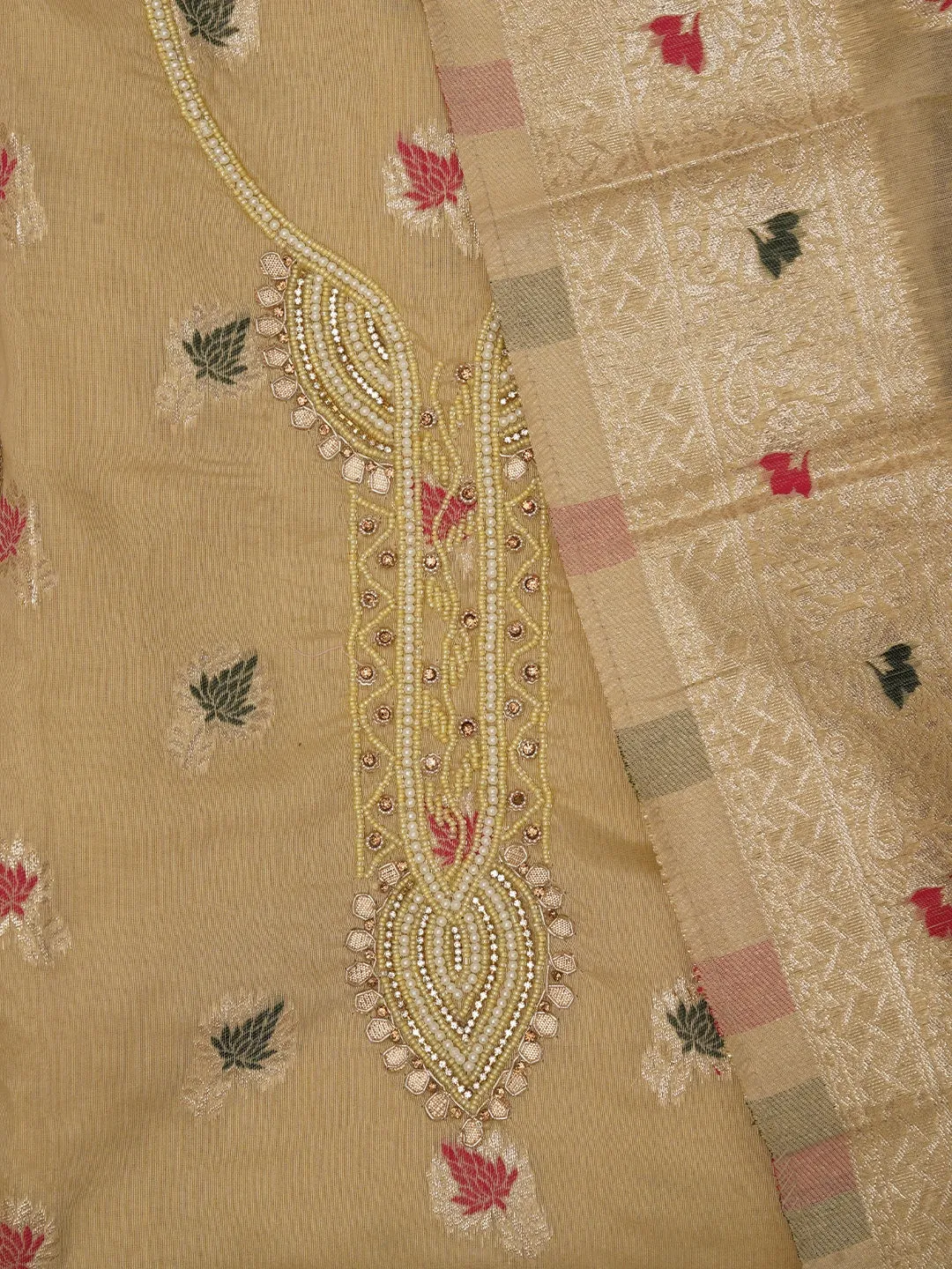 Beige Zari Woven Cotton Blend Dress Material with Dupatta