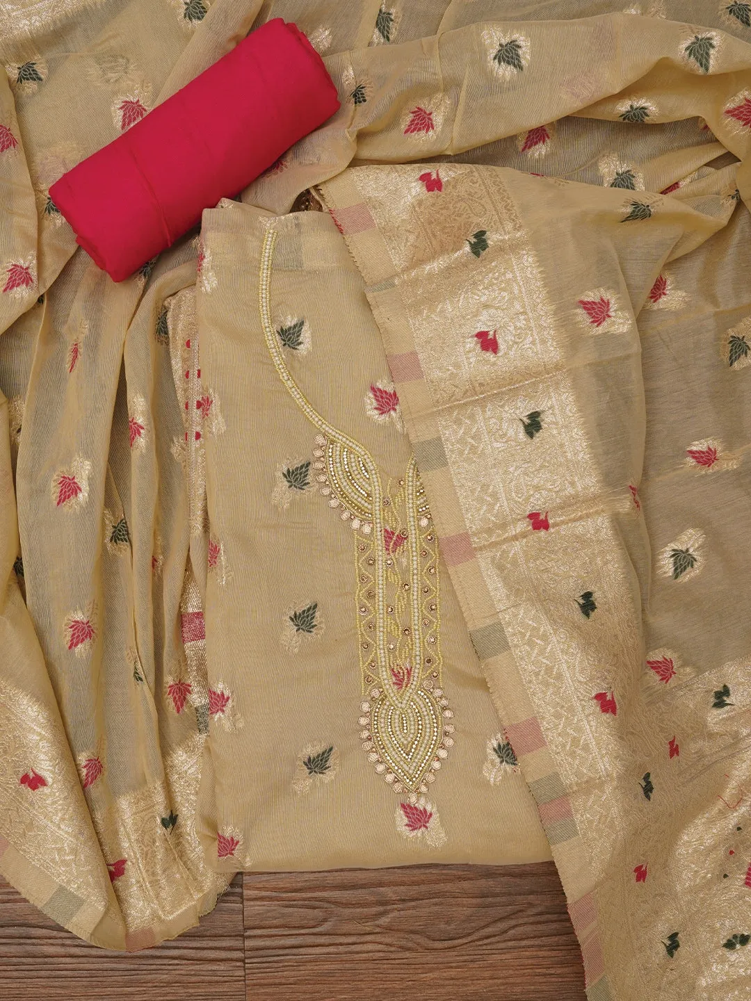 Beige Zari Woven Cotton Blend Dress Material with Dupatta