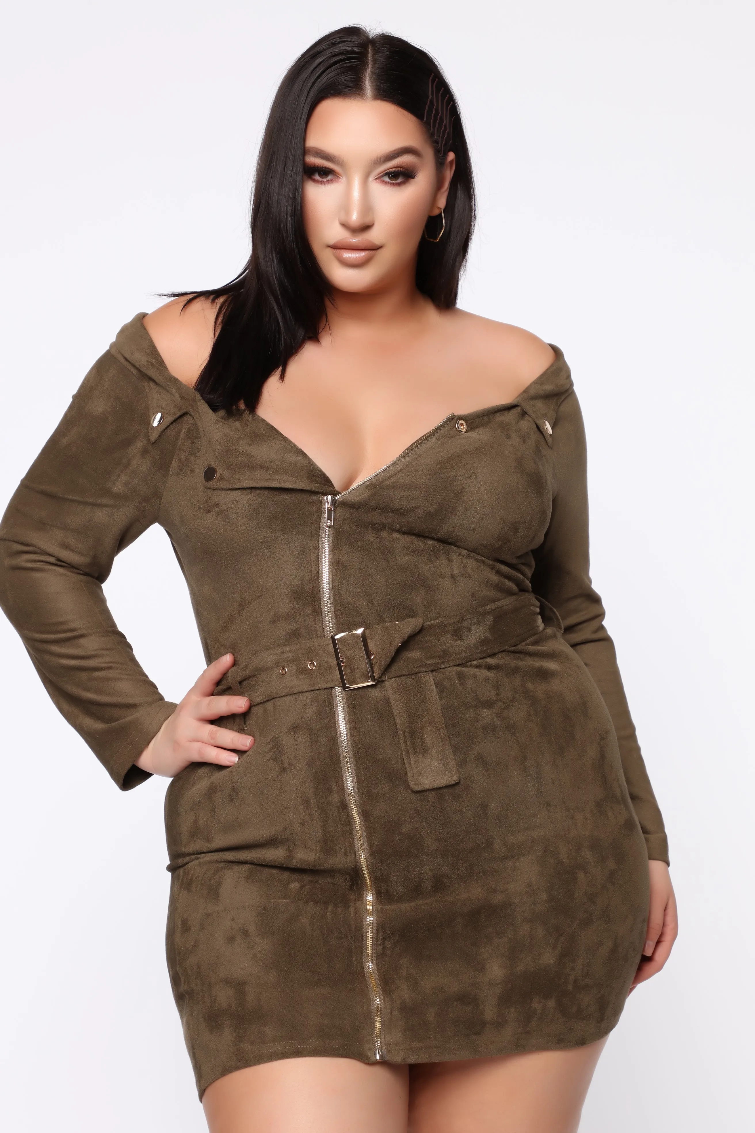 Belt It Out Suede Dress - Olive