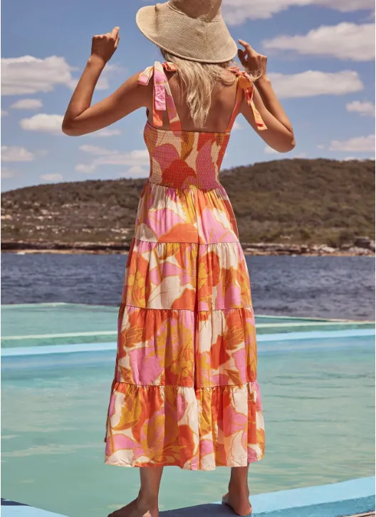 BerryBetty - Boho Tie Up Strap Summer Print Dress Women Holiday Elastic Beach Long Sundress