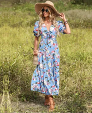 BerryBetty - Bow V-Neck Short Sleeve Waist Floral Long Dress