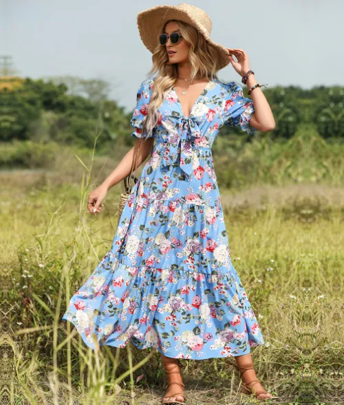 BerryBetty - Bow V-Neck Short Sleeve Waist Floral Long Dress