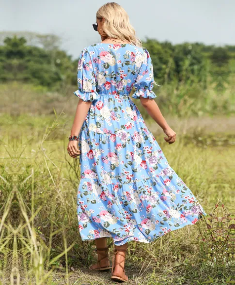 BerryBetty - Bow V-Neck Short Sleeve Waist Floral Long Dress