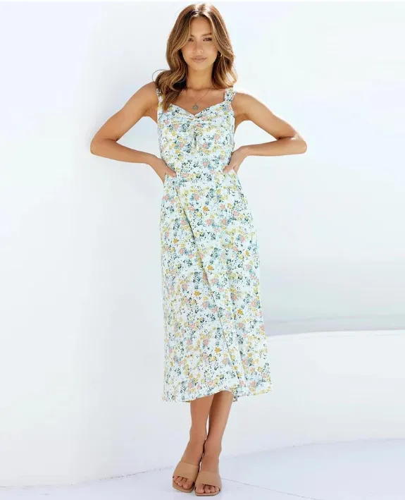 BerryBetty - Casual Green Print Women Dress Summer Beach Sleeveless Midi Dresses