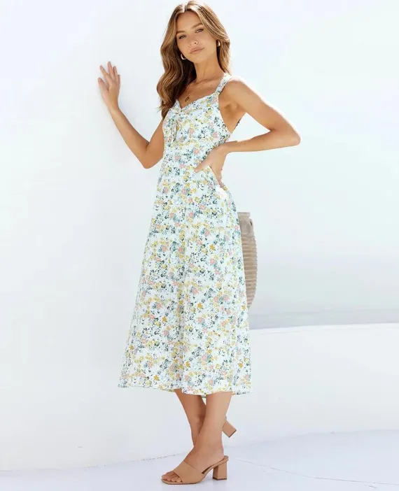 BerryBetty - Casual Green Print Women Dress Summer Beach Sleeveless Midi Dresses