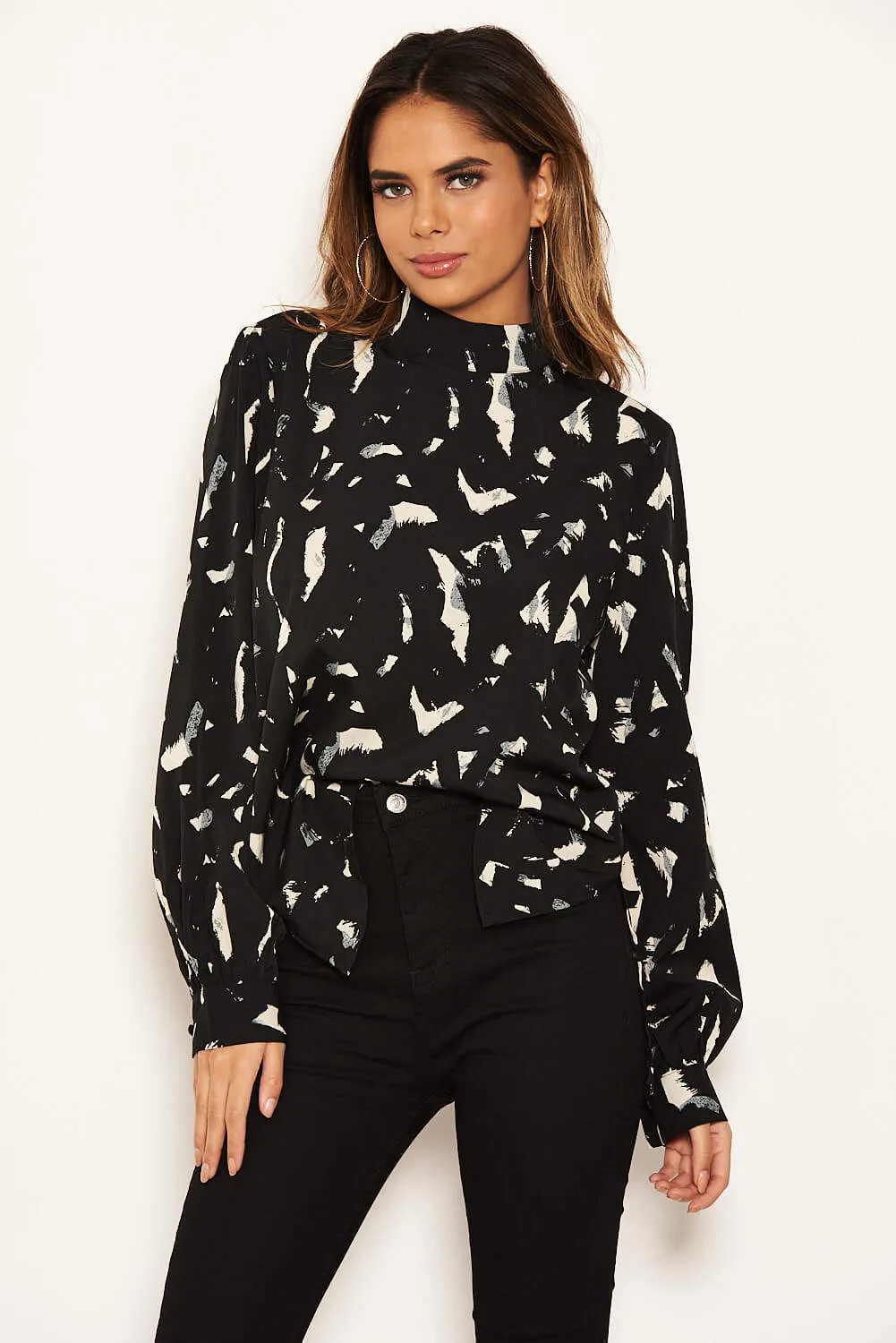 Black Abstract Print High Neck Top