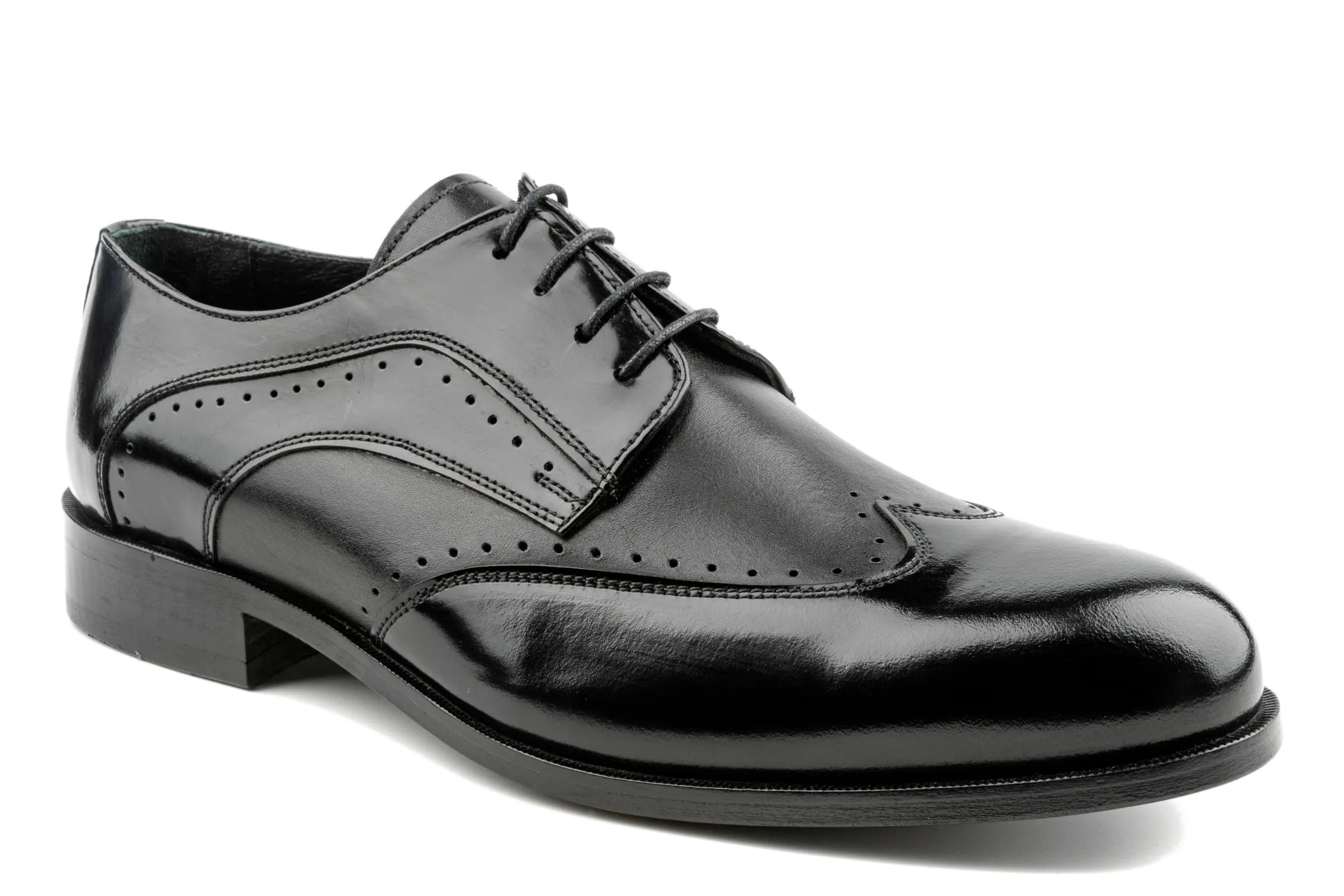 Black Derby Shoes for Wedding and Formal Events, Blend of Patent and Anillin Leather, Blind Brogue Wingtip Derby Shoes, Men Formal Shoes Eno by Debbano