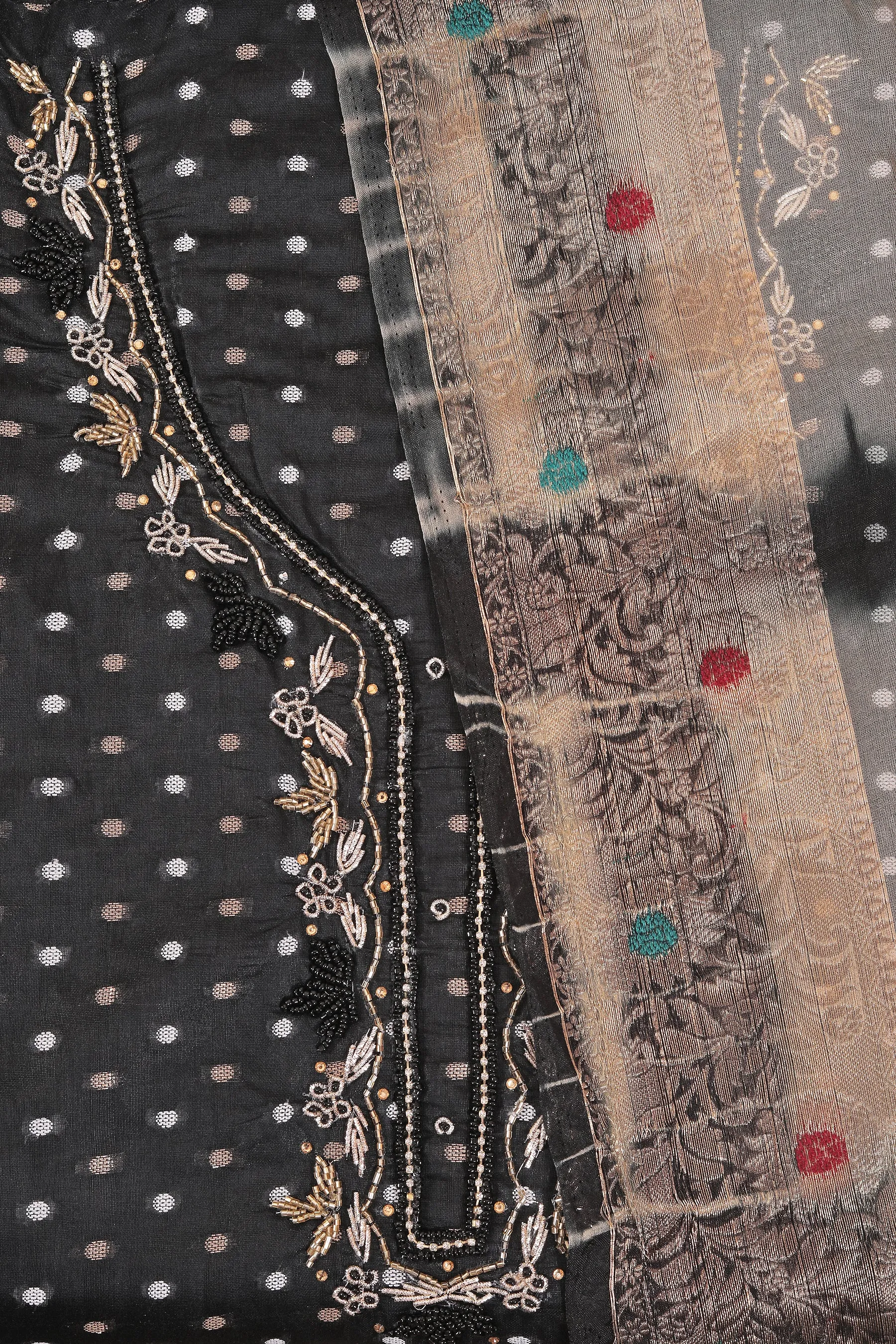 Black Embellished Organza Dress Material With Tie-Dye Dupatta