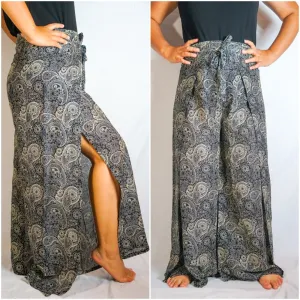 Black Paisley Palazzo Wrap Pants, Hippie Pants, Boho Harem Flow Pants