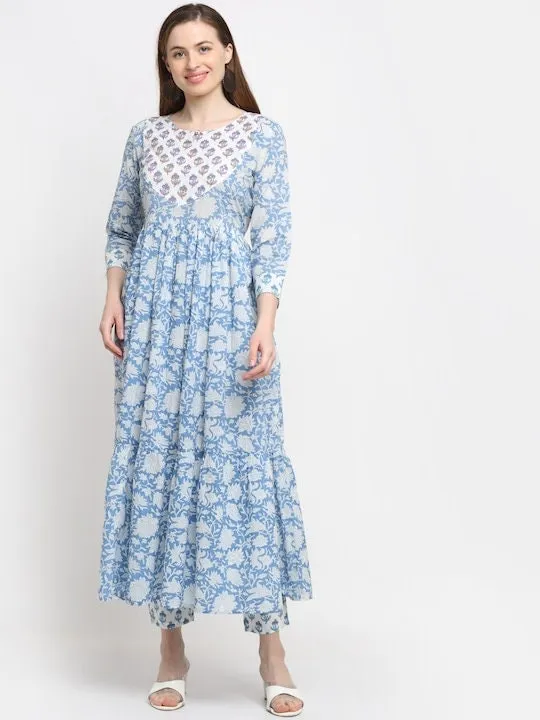 Blue Floral Cotton Anarkali Kurta with Trouser Set