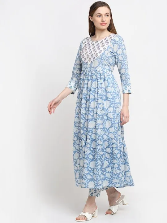 Blue Floral Cotton Anarkali Kurta with Trouser Set