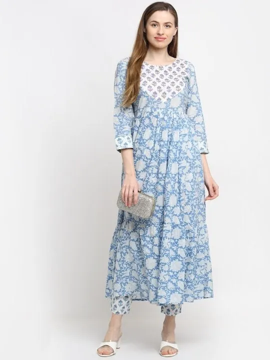 Blue Floral Cotton Anarkali Kurta with Trouser Set