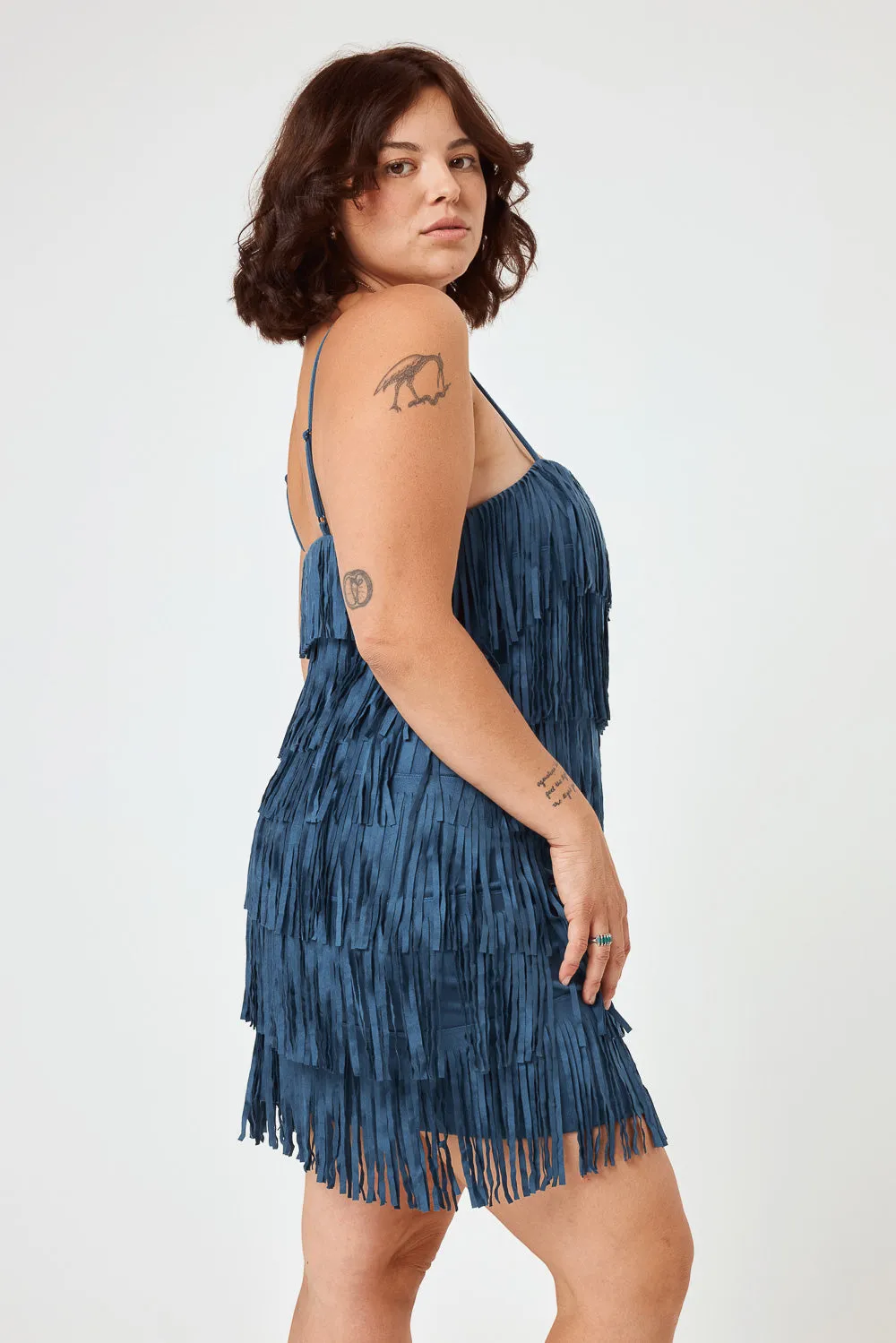 Blue Indigo Fringe Suede Dress