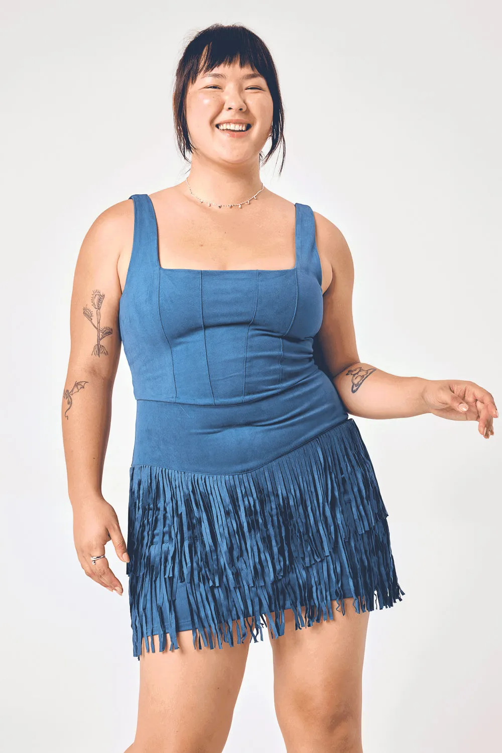 Blue Indigo Suede Corset Fringe Dress