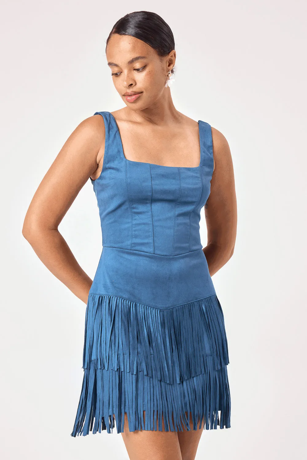 Blue Indigo Suede Corset Fringe Dress