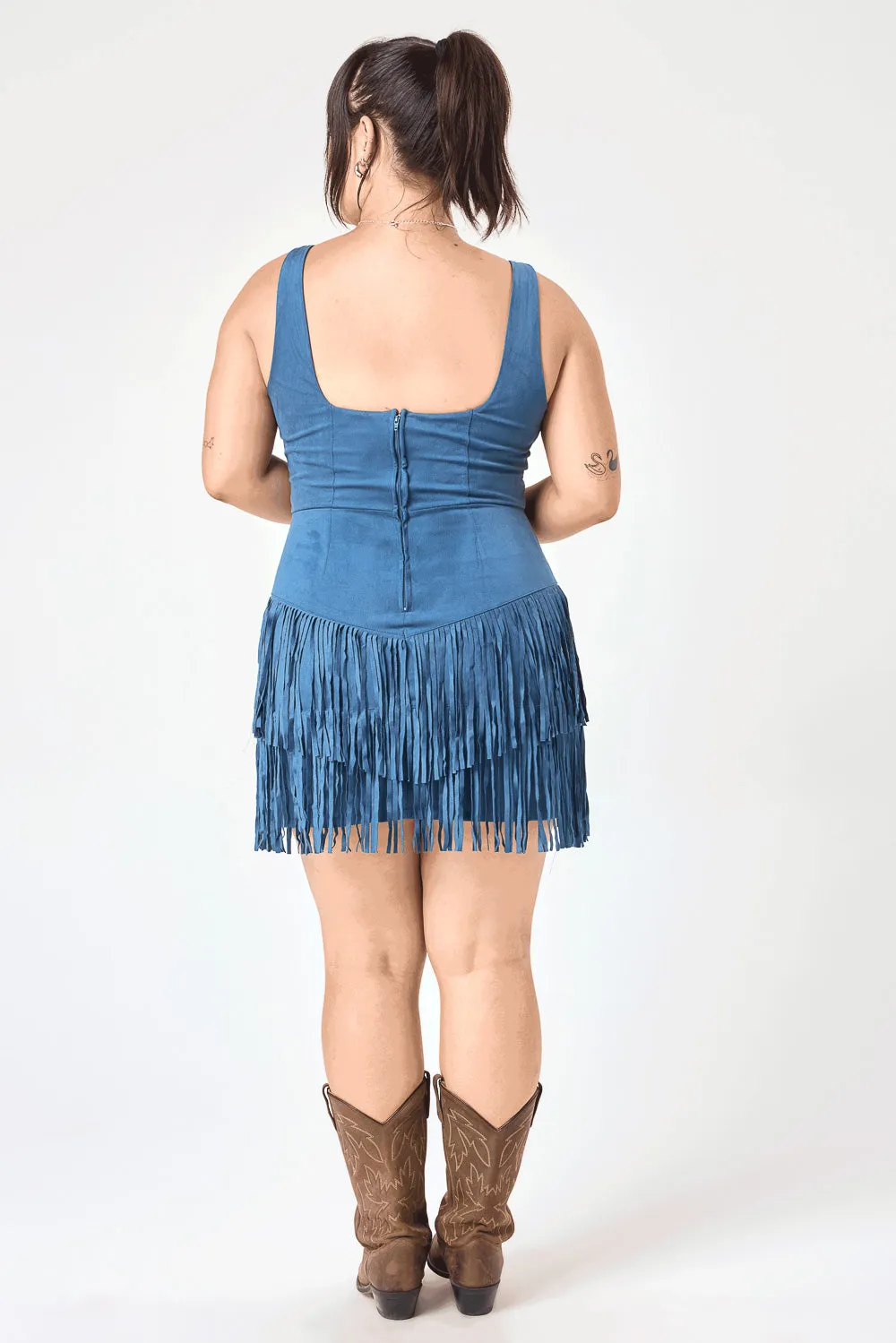 Blue Indigo Suede Corset Fringe Dress